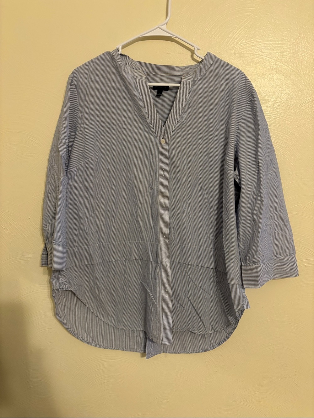 Talbots XL Blue White Pinstripe Popover Blouse High Low 3/4 Sleeve Tunic Top